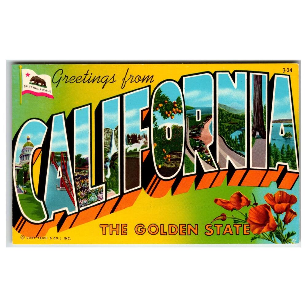 Greetings from California Large Letter Postcard Curteichcolor 1954 Chrome